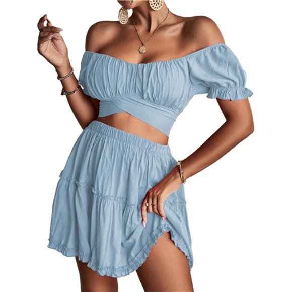 Women Piece Outfit Off Shoulder Tie Up Crop Top and Mini Skirt